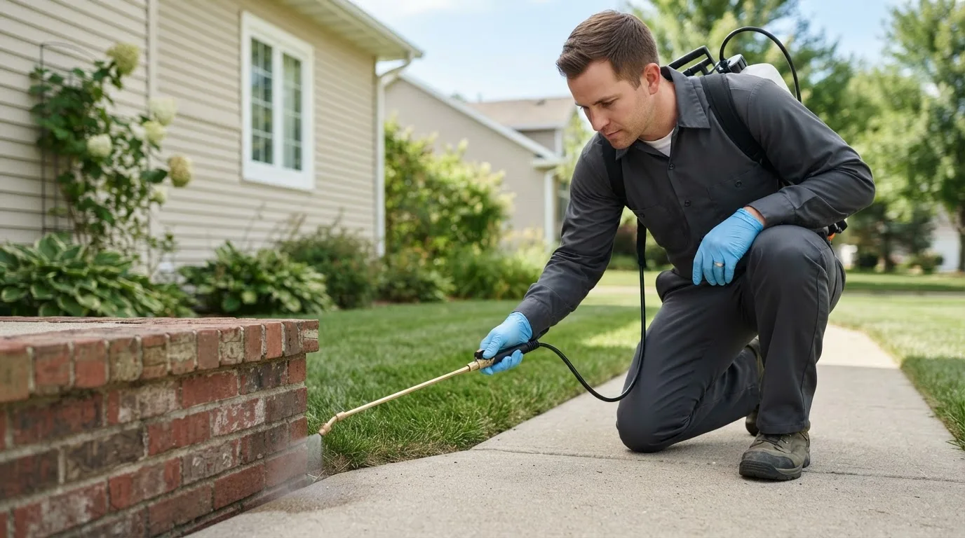 Pest control technician treating a home near Hallstead, PA